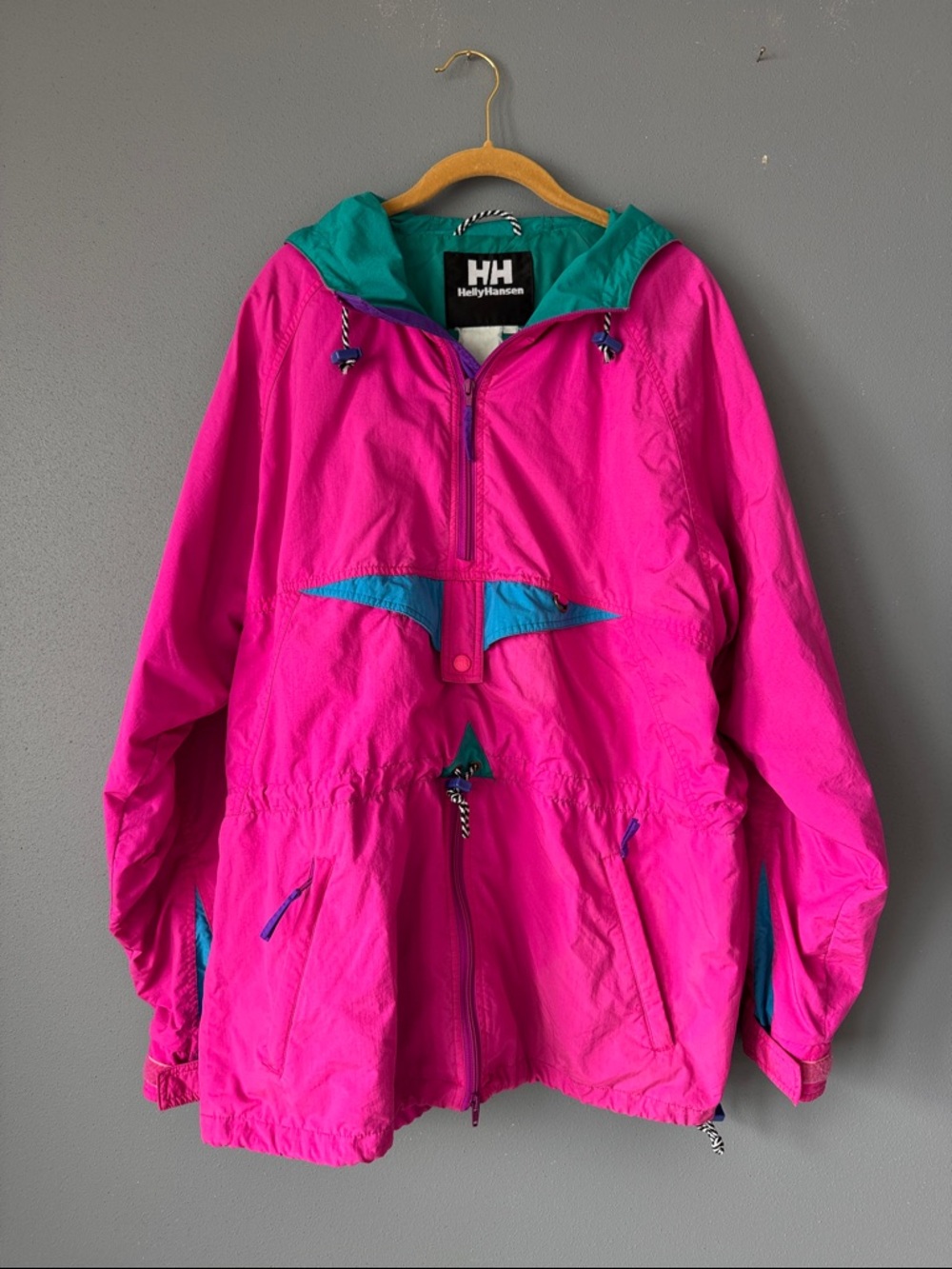Vintage Helly Hansen 90s Neon Pink Colorblock Anorak Jacket L/XL Retro Skiwear